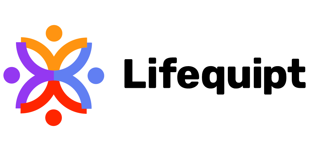 Lifequipt logo and company: An abstract figure composed of four overlapping, curved shapes in yellow, purple, blue, and red, representing interconnected people.