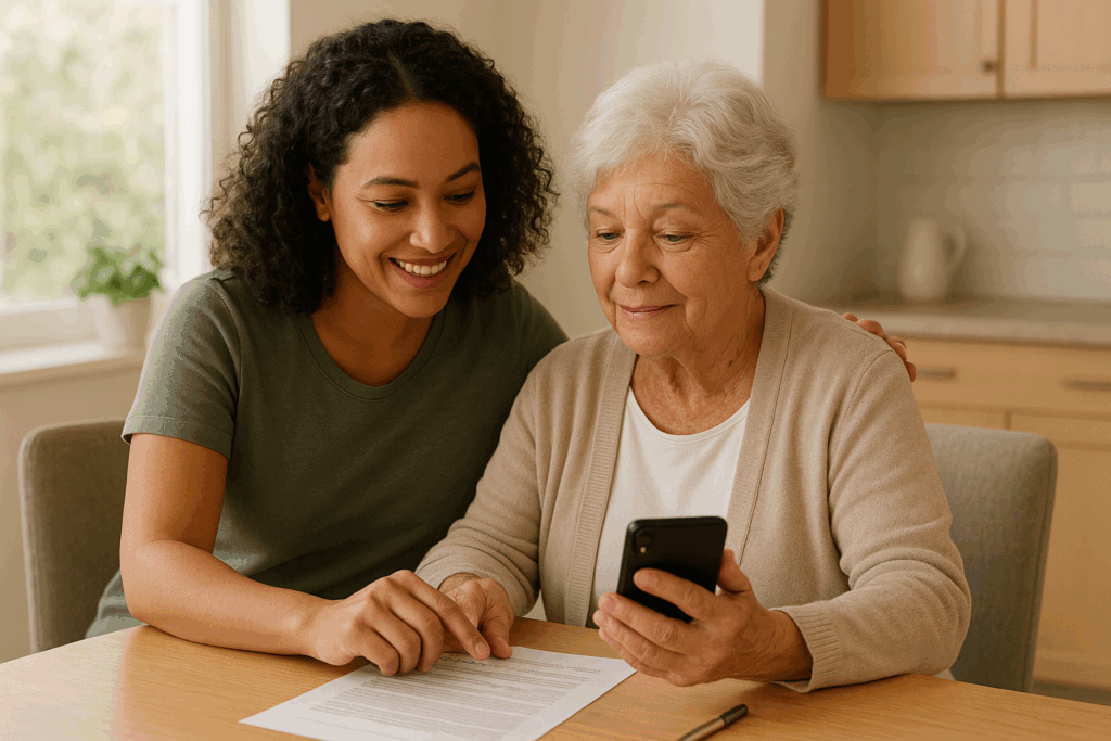 Two generations sitting together at a kitchen table. They’re reviewing a document and using Lifequipt to find answers and peace of mind.