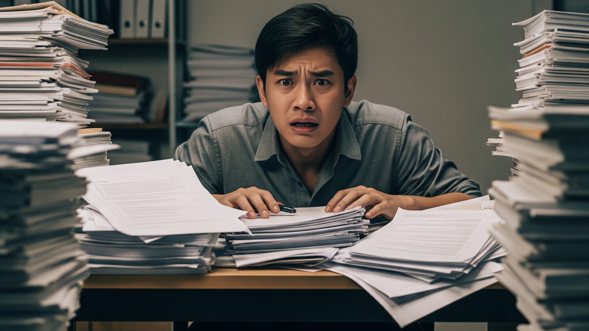 A wide-eyed man looks overwhelmed and stressed, surrounded by towering stacks of paper documents on his desk and floor, symbolizing the burden of traditional paperwork