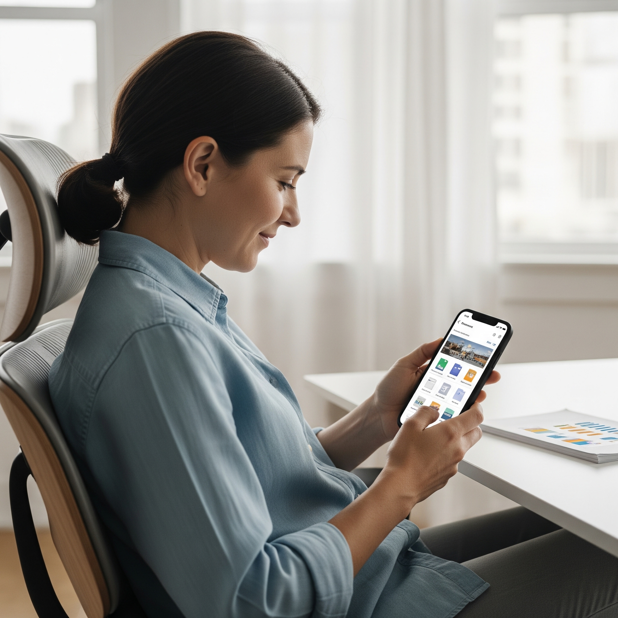 A serene person smiles while effortlessly managing organized digital documents on their Lifequipt Carry app, reflecting peace of mind and control over paperwork.